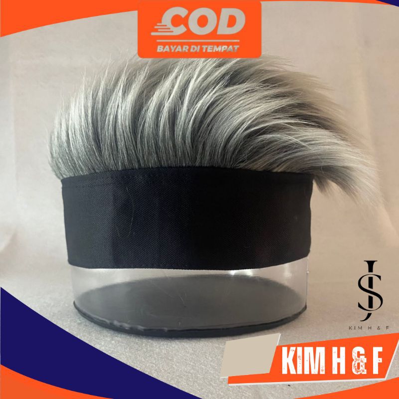 topi rambut palsu, topi wig pria, topi bulu korea