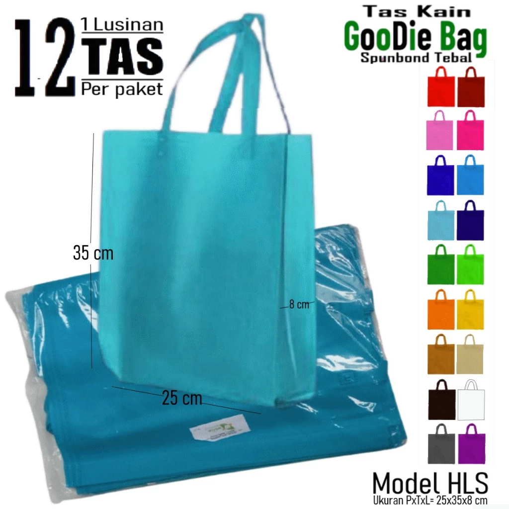 

1 Lusin isi 12 Tas Kain Spunbond / Goodie Bag Tali Ukuran M = 25x35 cm Untuk Kantong Belanja Lipat Serbaguna, Bingkisan Souvenir Ultah /