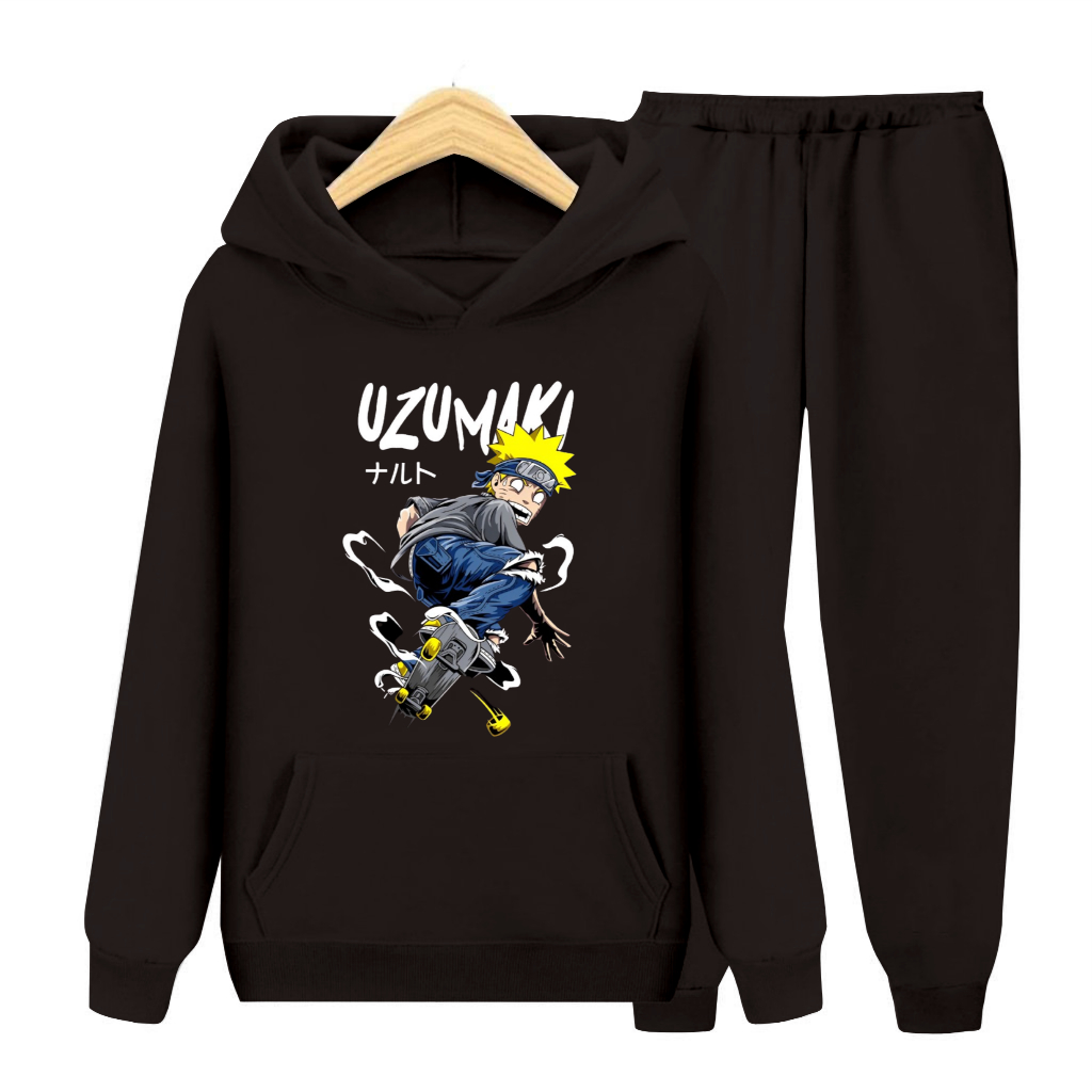 Setelan Sweater Hoodie Kantong Anak Remaja Gambar Uzumaki Naruto Skate