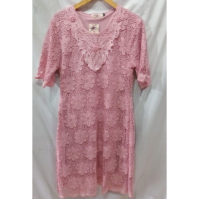 jual Dress brokat pink Bunga Timbul terbaru bahan dingin
