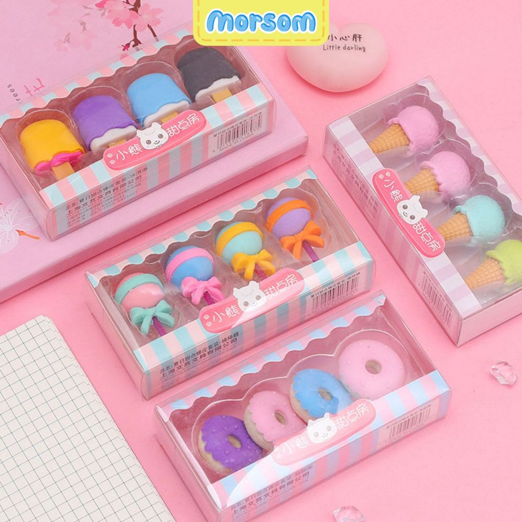 

MORSOM - Penghapus 4 Pcs / Set Lucu Bentuk Es Krim Karet Hapus Lolipop Donat Pensil Karakter Sweet Eraser Anak Sekolah