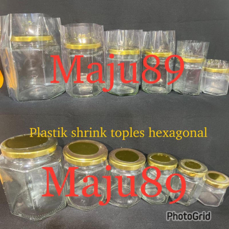 Plastik shrink plastik segel toples jar hexagonal 500ml 300ml 200ml 100ml 80ml 45ml (isi 50 pcs)