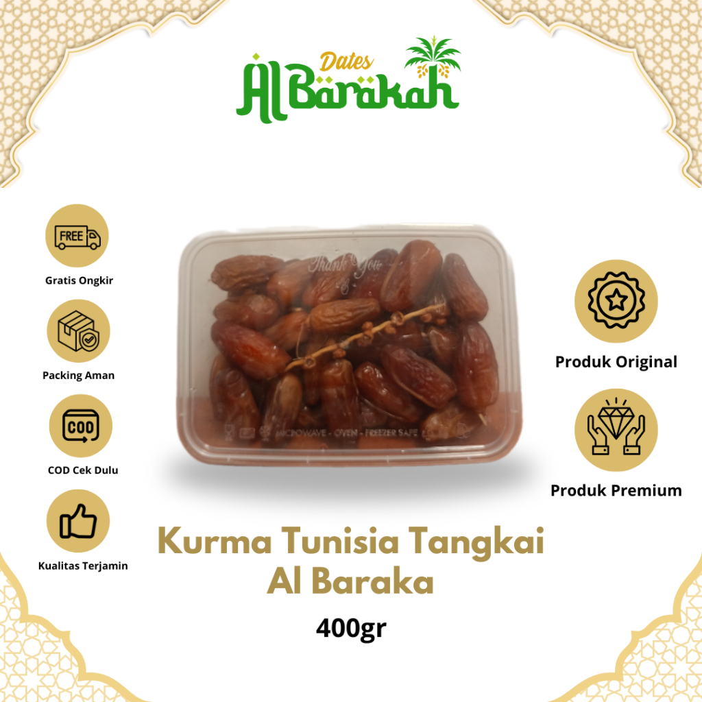 

Kurma Tunisia Tangkai Al Baraka Kemasan 400gr Original Premium Oleh oleh Haji dan Umroh