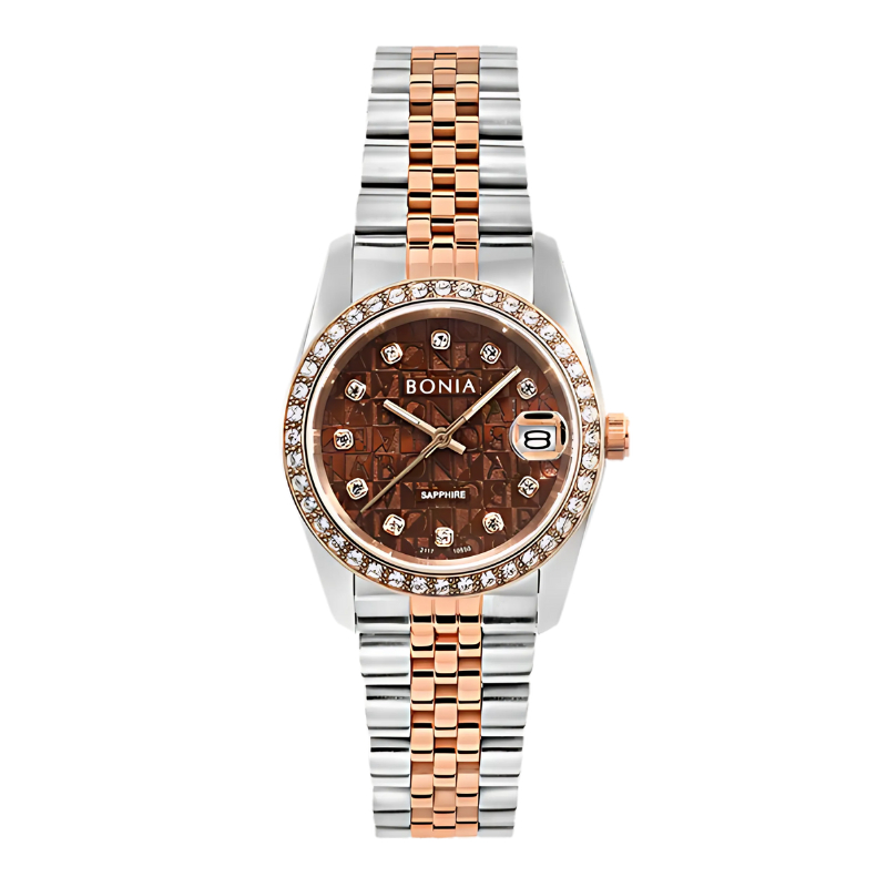 Jam Tangan Wanita Bonia Noble 32mm Brown Monogram Dial Stainless Steel Analog B10550-3646S Original