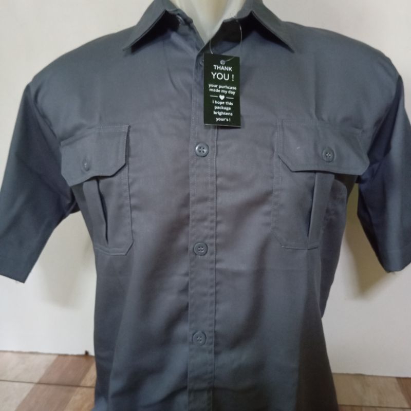 kemeja abu tua polos saku 2 atasan seragam kerja baju pdh pdl pria wanita slim fit lengan pendek bah