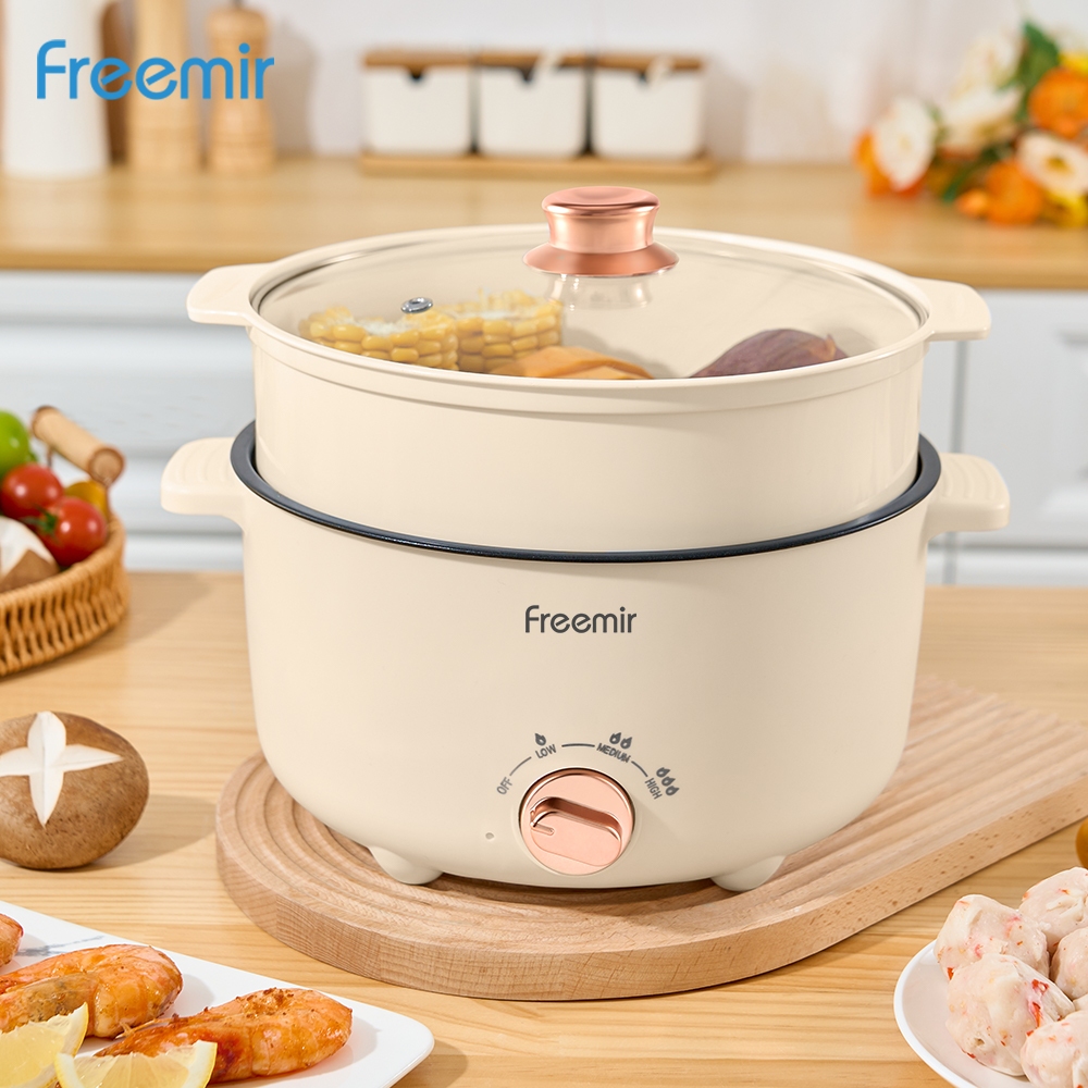 [DEALS] freemir Panci Listrik Multicooker 20 Cm 1.5 L & 24 Cm 2.5 L Bonus Sendok Kayu  Panci Kukusan