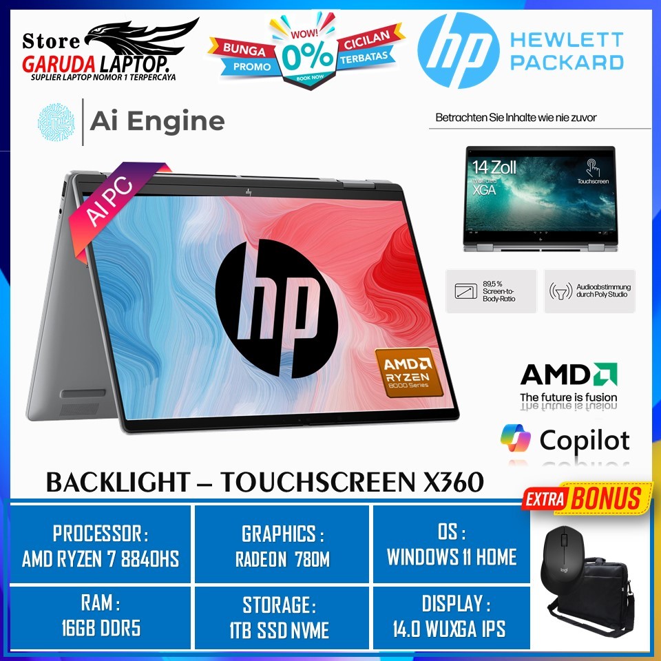 Laptop Baru Hp Envy X360 14 Amd Ryzen 7 8840HS RAM 16GB 1TB SSD RADEON 780M 14 WUXGA IPS TOUCH
