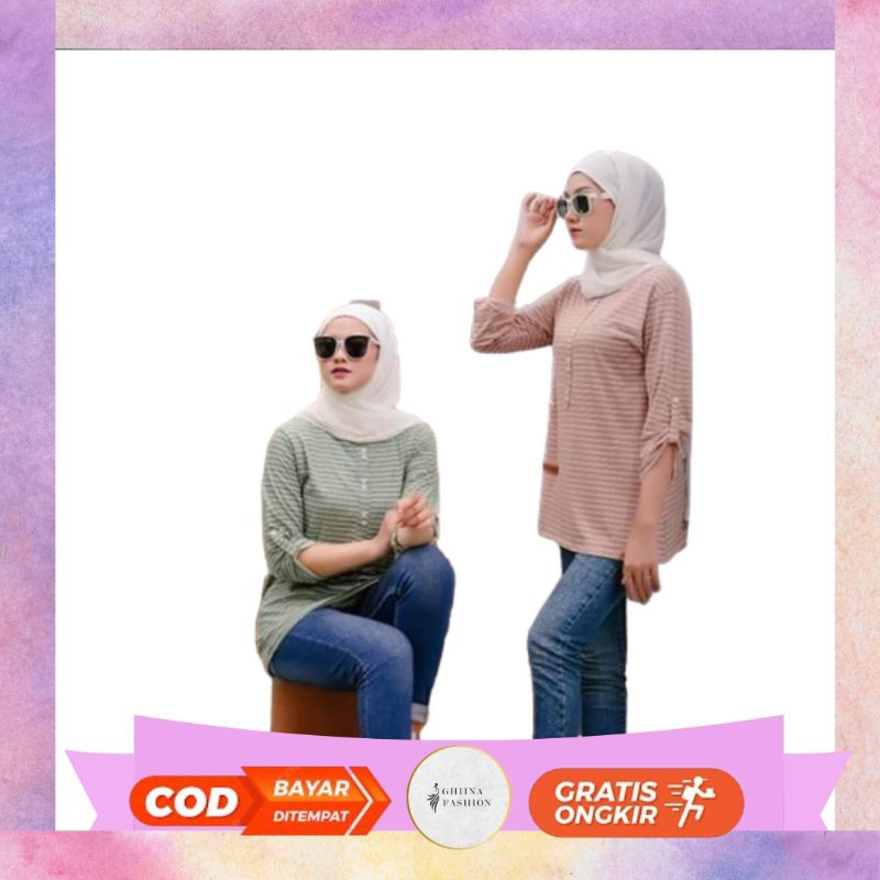 Blouse Helsa by Ghina Fashion - Kaos Lengan Panjang 7/8 Motif Garis Bahan Rayon Spandek Aqua Adem Ny