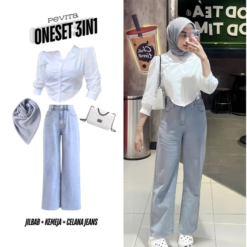 One set 3in1 kemeja crop putih kerah celana jeans denim highwaist cullote plain pants jilbab bella |