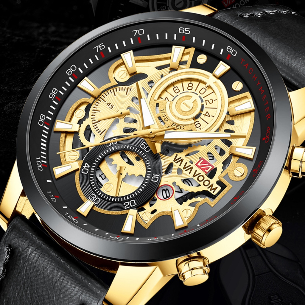 Lexier Jam Tangan Pria VA VA VOOM Skeleton Design Mewah Aksen Emas Mekanisme Terbuka Fitur Tachymete