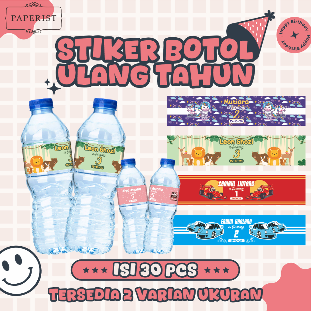 

Stiker botol aqua / 1 paket isi 30pcs stiker air mieral / Label Air Mineral Ulang Tahun / Label Ulang Tahun