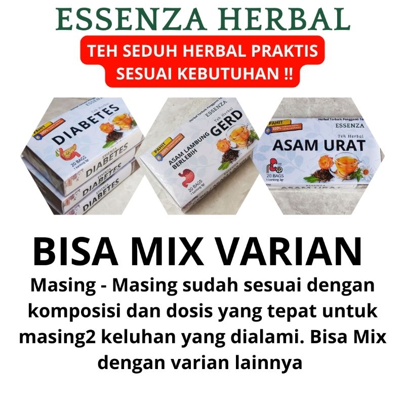 

Teh Essenzaherbal Alami all varian - Teh Herbal Premium untuk Kesehatan Pencernaan, Asam Lambung, Asam Urat, Diabetes, dan Jantung | Wedang Uwuh wedang godok jamu godok