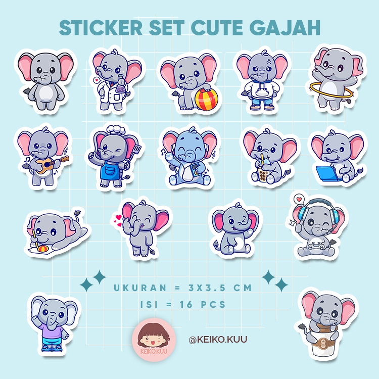 

STIKER GAJAH LUCU WATERPROOF MURAH ISI 16 PCS