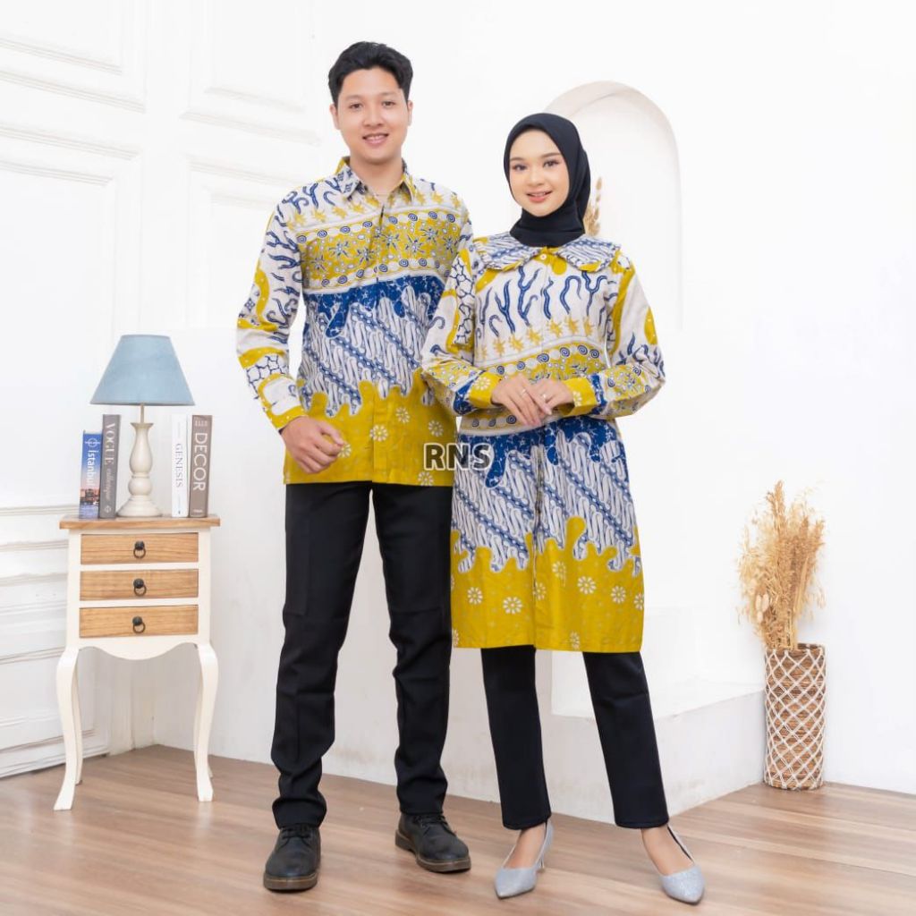 Baju Batik Couple Pasangan Kekinian Kemeja Dan Tunik Batik Modern Lengan Panjang Seragam Kondangan W