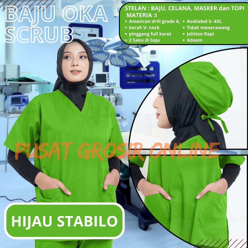Baju OKA Dokter Perawat LENGAN PENDEK BAJU LENGAN PANJANG Scrub Medis BAJU OK JUMBO HIJAU STABILO