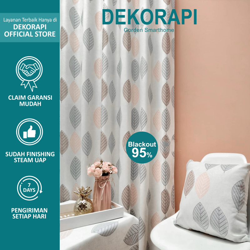 Gorden Blackout Minimalis Motif Daun Nangka Kering Bahan Import Tebal Warna Dasar Putih