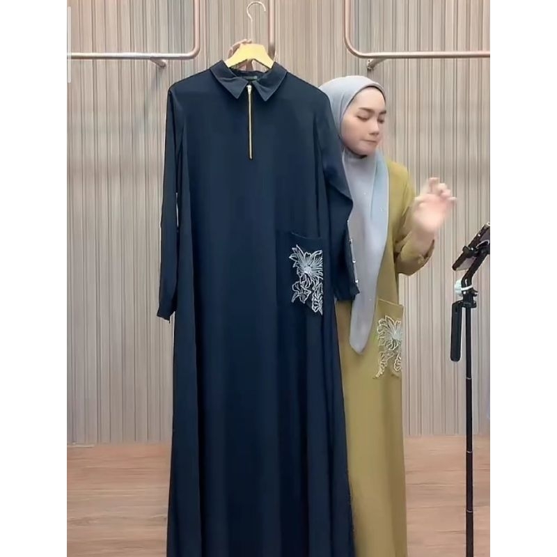Aisyalinastore Id Evelyn Dress Series TANPA HIJAB Bahan Haniya BLACK Simple Elegan BORDIR BERKERAH