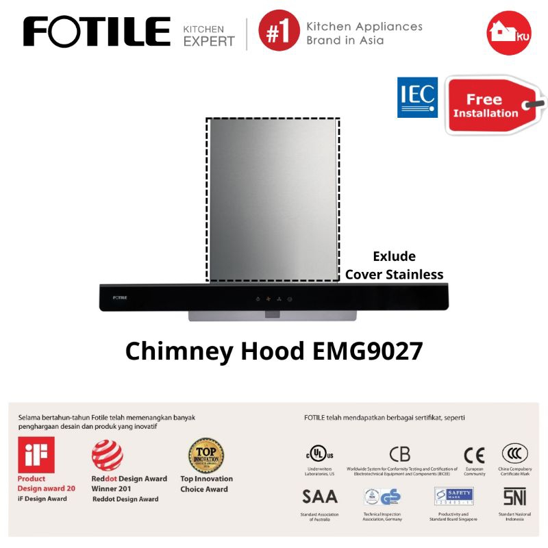Cooker Hood Fotile Emg9027 Penghisap Asap Dapur Cerobong / Ducted  Emg 9027  90 Cm