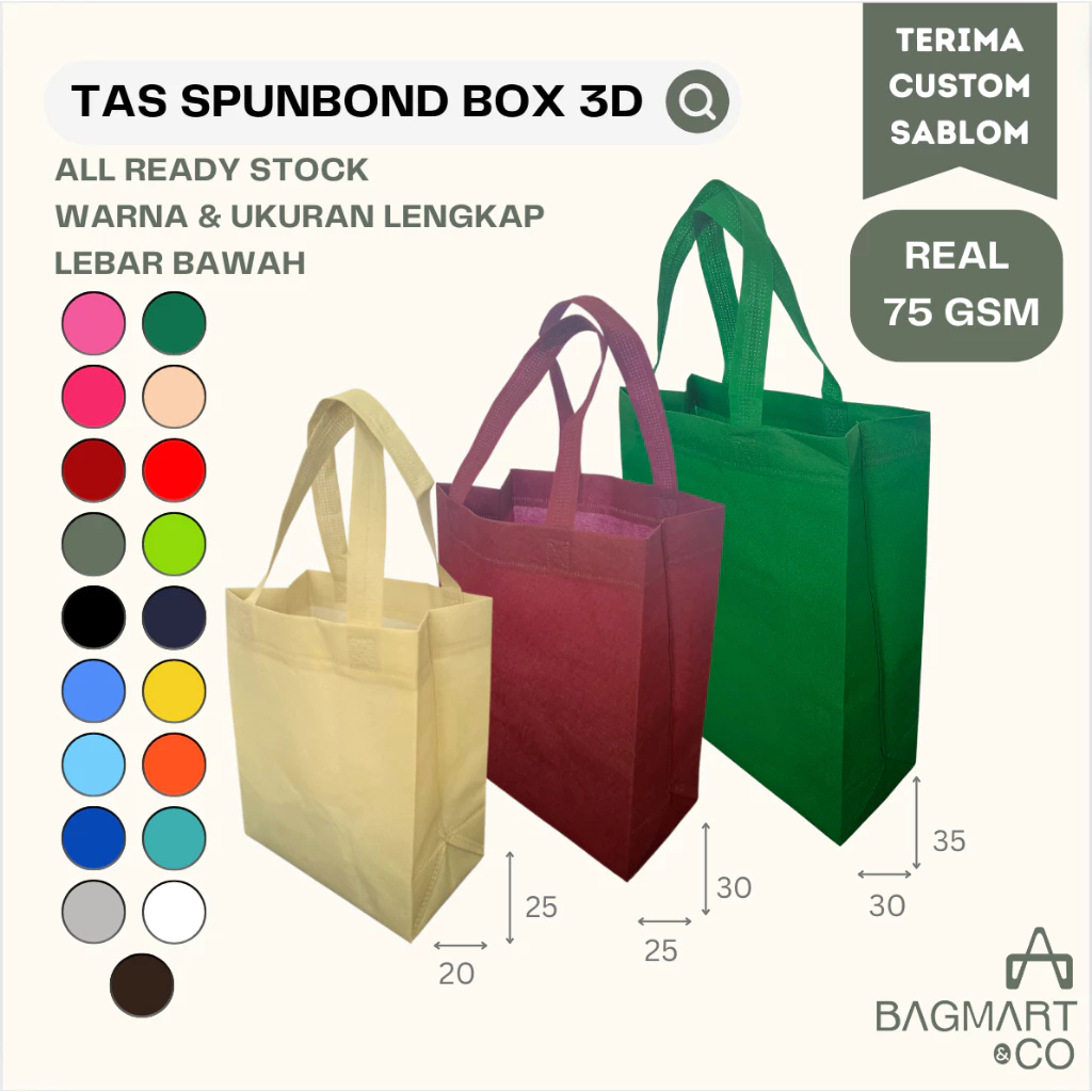 

Tas Spunbond Handle Box Lebar Bawah Ukuran 20x25 25x30 30x35 Goodie Bag HBPA Tote Bag Warna Suvenir