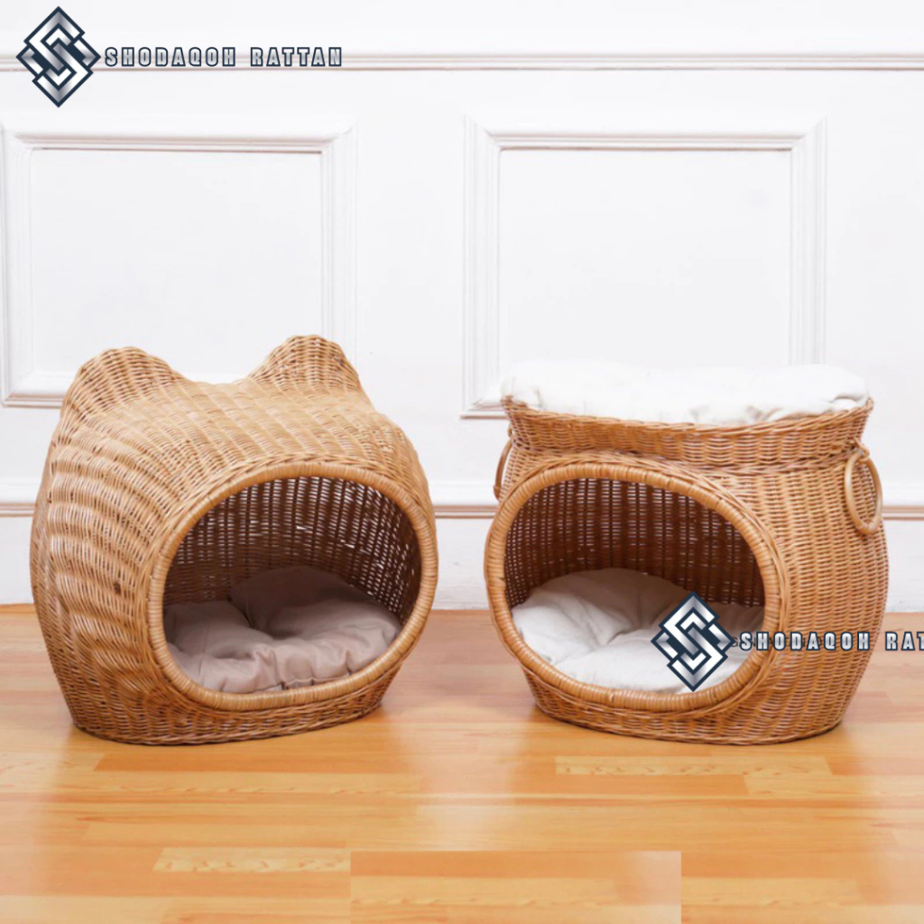 Tempat Tidur Kucing Anjing Rotan / Rumah Kucing Tingkat Rotan Hewan Peliharaan