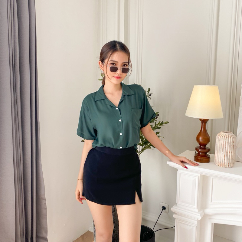 Kemeja Hawai Polos Lengan pendek Wanita / Kemeja Pendek Rayon / kemeja polos pendek rayon / kemeja r