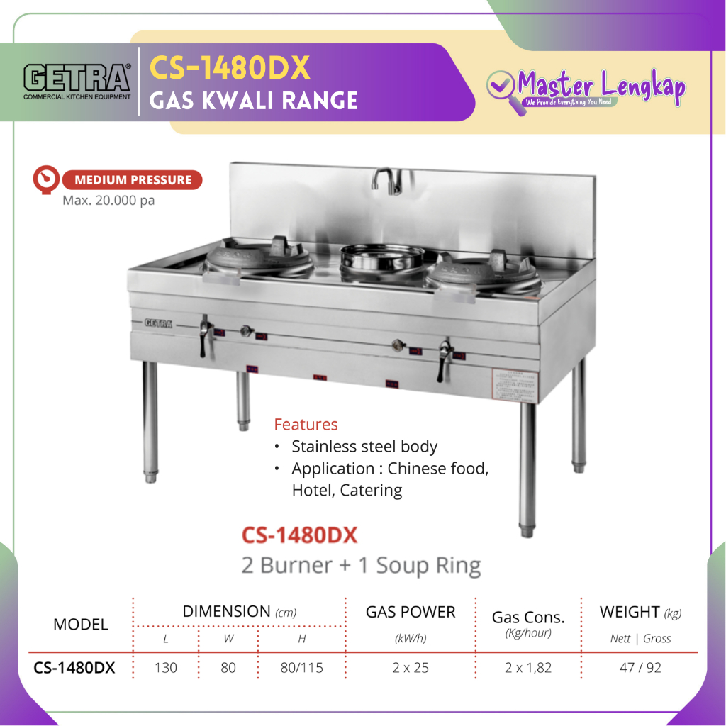 GETRA GAS KWALI RANGE 2 BURNER + 1 SOUP RING CS-1480DX / CS1480DX / CS 1480DX