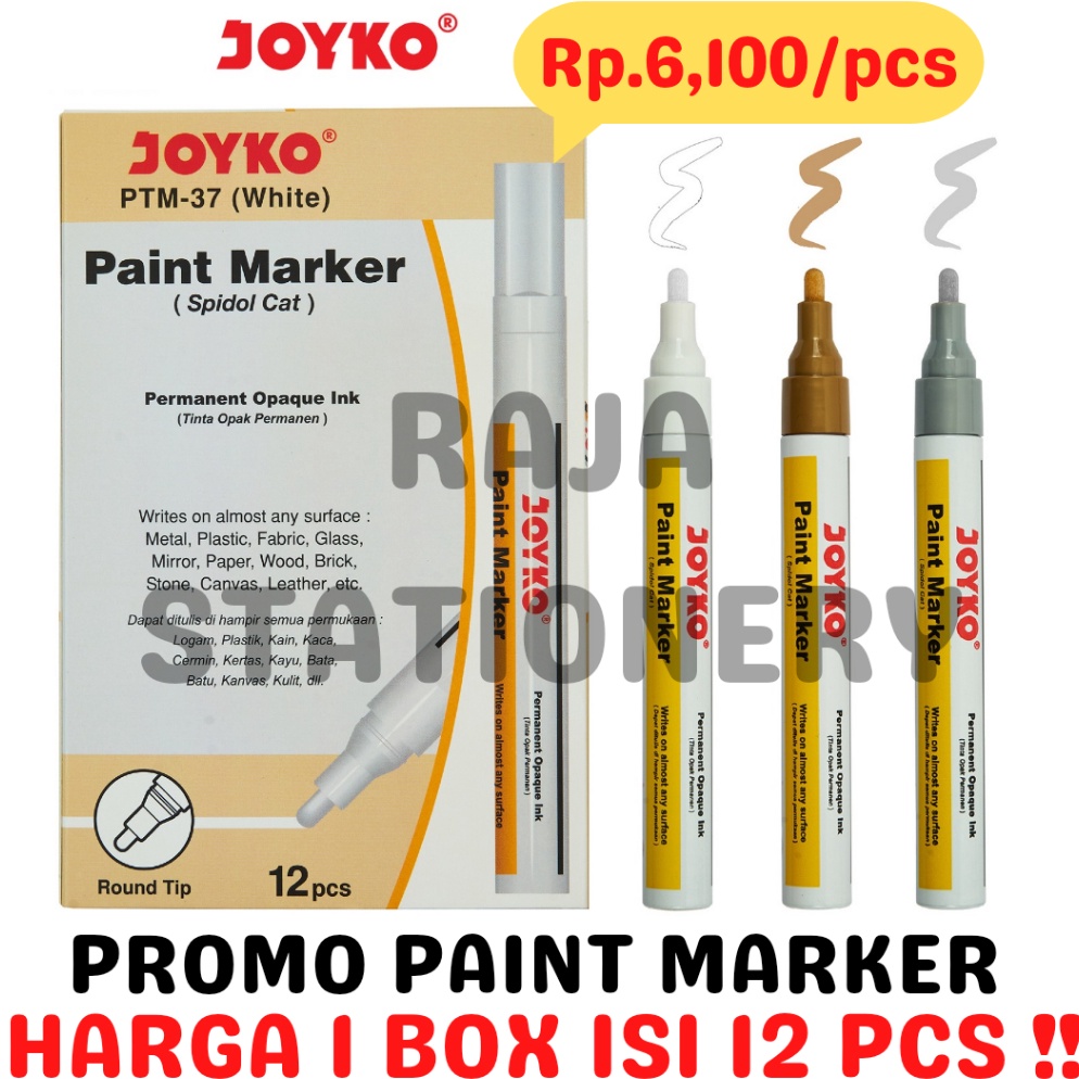 KODE C24W JOYKO PERMANENT PAINT MARKER WHITE GOLD SILVER BLACK SPIDOL KACA CAT PUTIH EMAS ABU HITAM 