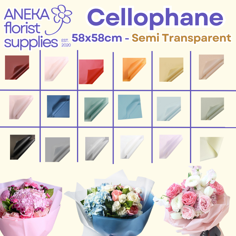 

[20 LEMBAR] SEMI TRANSPARENT Full Color Cellophane Color Flower Wrap Semi Transparan ukuran 58 X 58cm Kertas Bunga Wrapping Paper Waterproof Kertas Bunga Buket Warna Polos/Kertas Buket Bunga Florist Cellophane