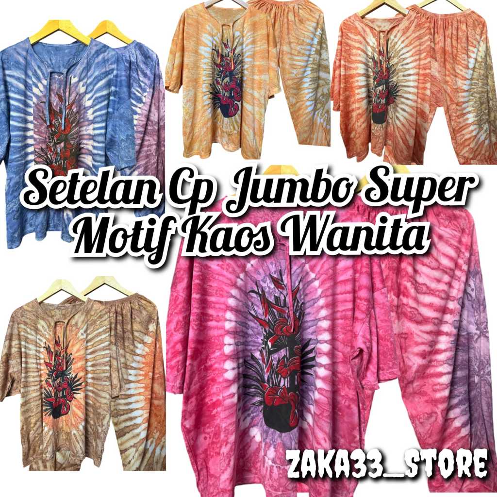 SETELAN BAJU WANITA UKURAN JUMBO CELANA SUPER BAHAN KAOS MOTIF ABSTRAK BUNGA