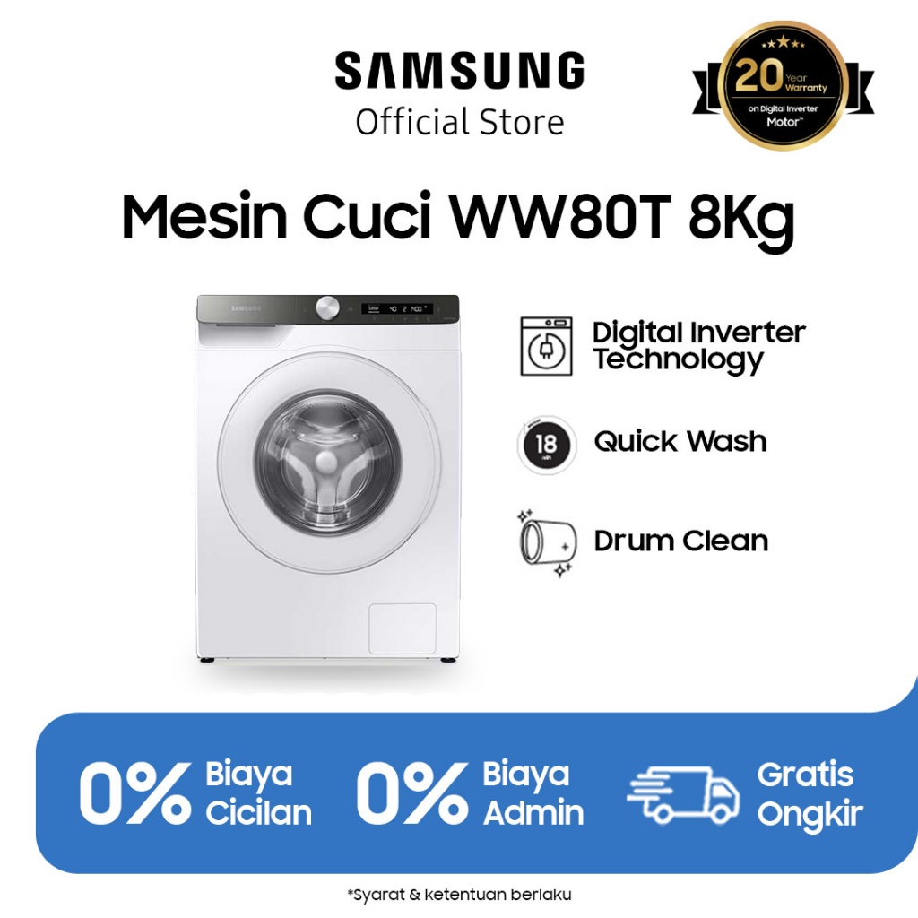 Samsung Mesin Cuci Front Loading 8 Kg dengan Ecobubble™, AI Control, Steam - WW80T504DTT/SE