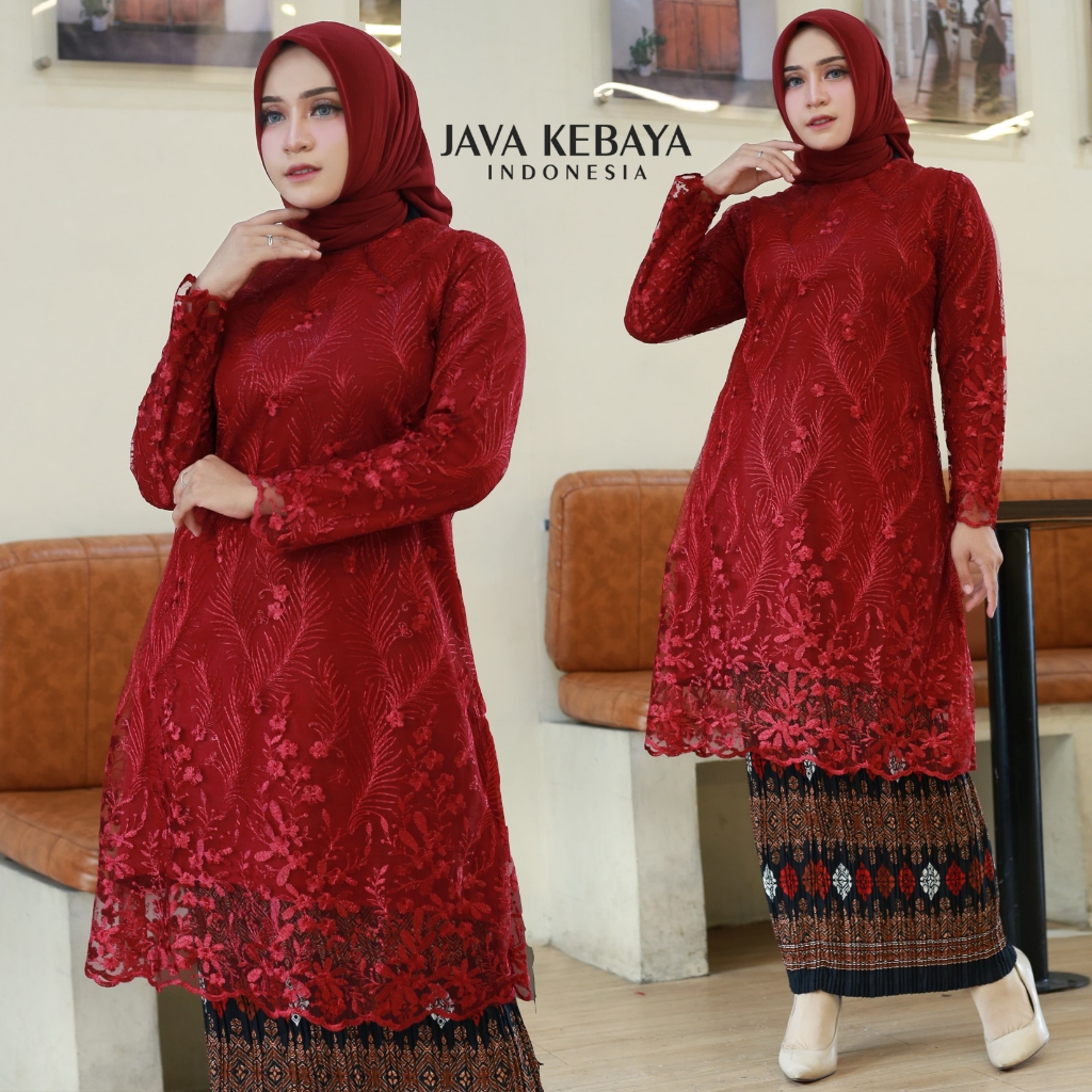 Merah Maroon - 𝗦𝗲𝘁𝗲𝗹𝗮𝗻 𝗧𝘂𝗻𝗶𝗸 𝗧𝗶𝗹𝗹𝗲 & 𝗔𝘁𝗮𝘀𝗮𝗻 Atasan Brukat Kebaya Modern / Baju Kurung / 𝗝𝗮𝘃𝗮 𝗞𝗲𝗯𝗮𝘆𝗮 