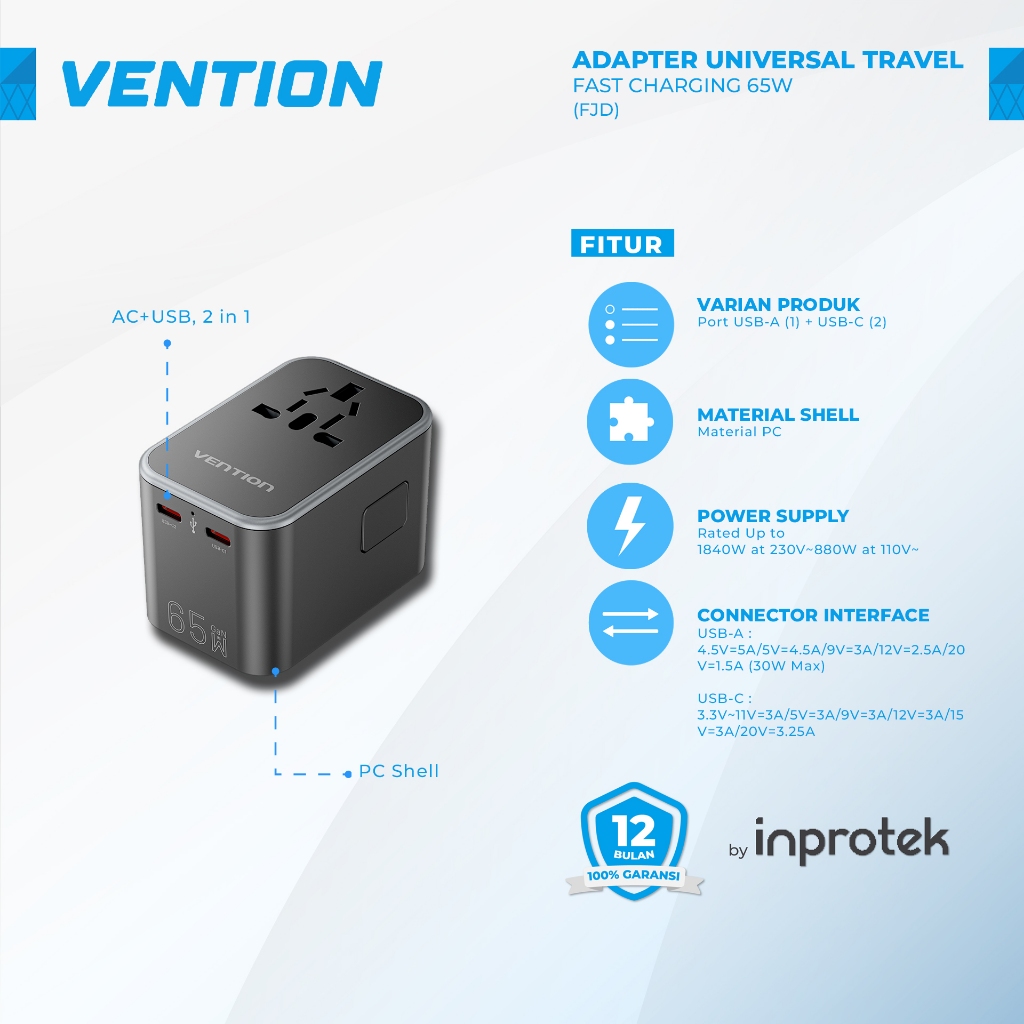 Vention Travel Adaptor Universal USB Adapter Fast Charger AC Plug