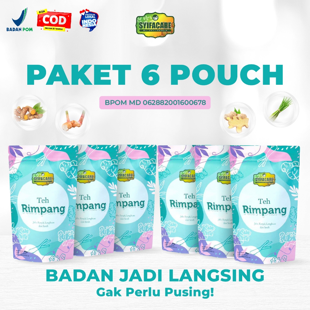 

Syifacare PAKET 6 PACK Teh Rimpang Celup Menurunkan Berat Badah Pelangsing Tubuh Diet Detox BPOM