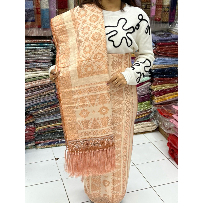 Songket Palembang mesin motif rakkam warna crem tembaga selendang sudah dirumbai