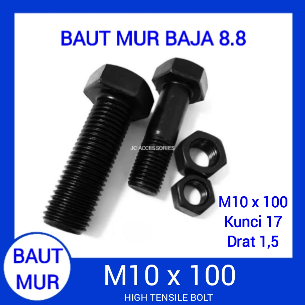 BAUT MUR BAJA 8.8 M10X100 KUNCI 17 PITCH 1,5 HIGH TENSILE BOLT HEX HEXAGON HITAM M10 X 100 10 X 100 