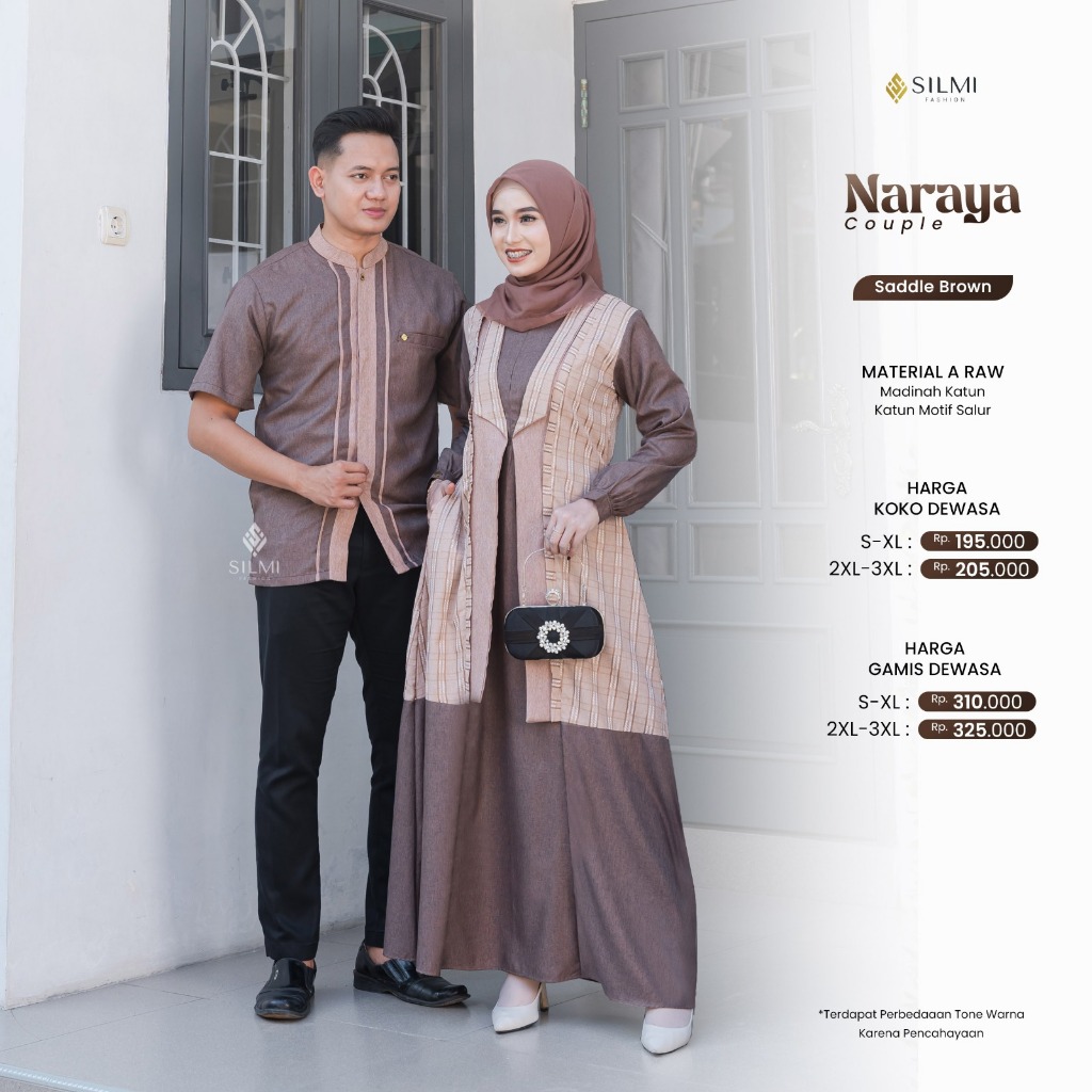 SARIMBIT TERBARU 2025 COUPLE FAMILY LEBARAN NARAYA COUPLE SADDLE BROWN BY SILMI FASHION - BAJU PASAN