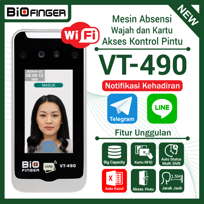 BIOFINGER VT-490 Fingerprint Free Notif Telegram Absensi Wajah Kartu WiFi LAN Auto Excel 3Shift