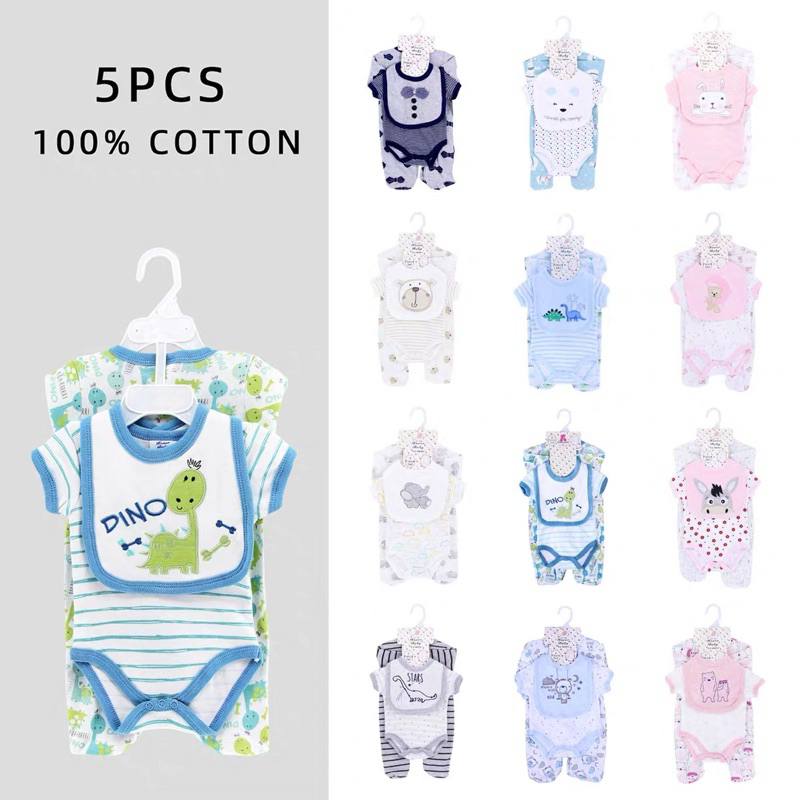 MINIMAPA - 5in1 set sleepsuit jumper baby boy girl impor murah lucu lembut baju baby komplit bibs to