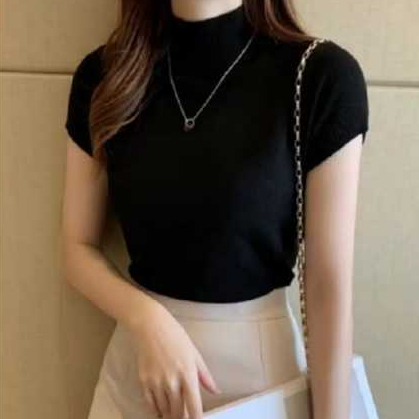 KAOS RIB TURTLENECK PENDEK WANITA/KAOS LEHER TINGGI LENGAN PENDEK WANITA