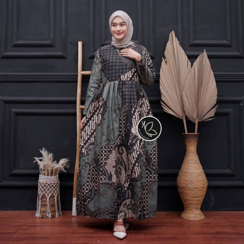 Gamis Batik Wanita Busui Kekinian Dress Santai Modern Baju Wanita