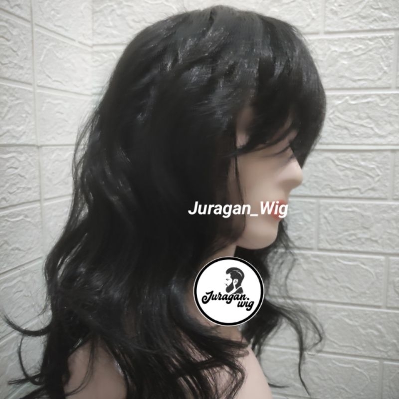 WIG RAMBUT PRIA GONDRONG KRITING HITAM/ RAMBUT PALSU KRITING  PAKAI PONI DEPAN