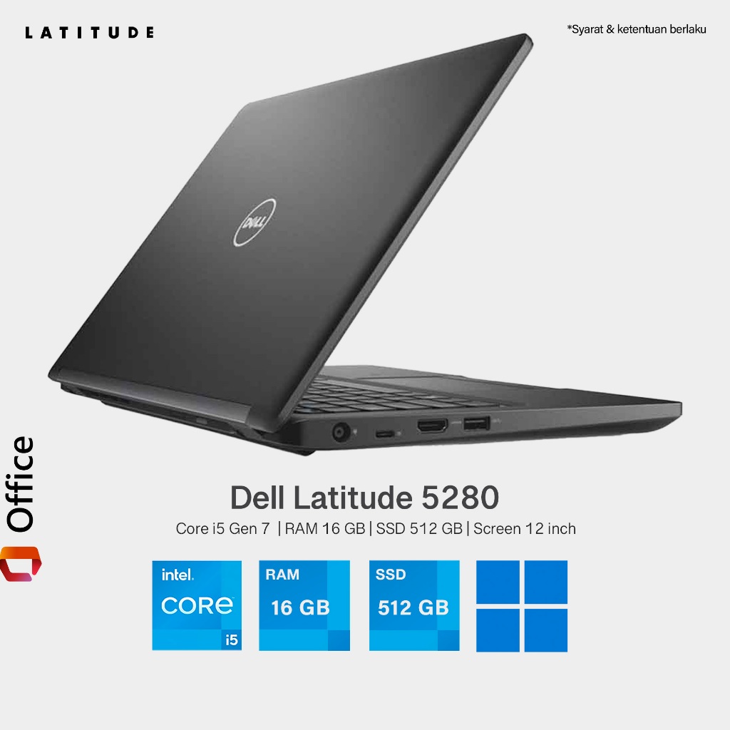 LAPTOP DELL LATITUDE 5280 Core i5 Gen 7 RAM 16 GB SSD 512 GB Layar 12 inch