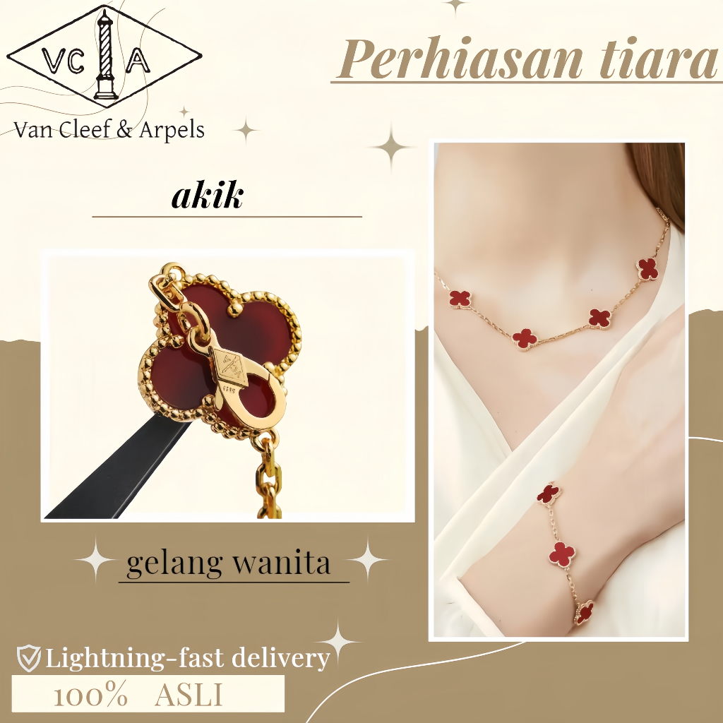 [100% Asli] Gelang Semanggi Empat Daun Wanita Van Cleef & Arpels/Berlapis Emas 18K/Tak Pudar/Ruby/Em