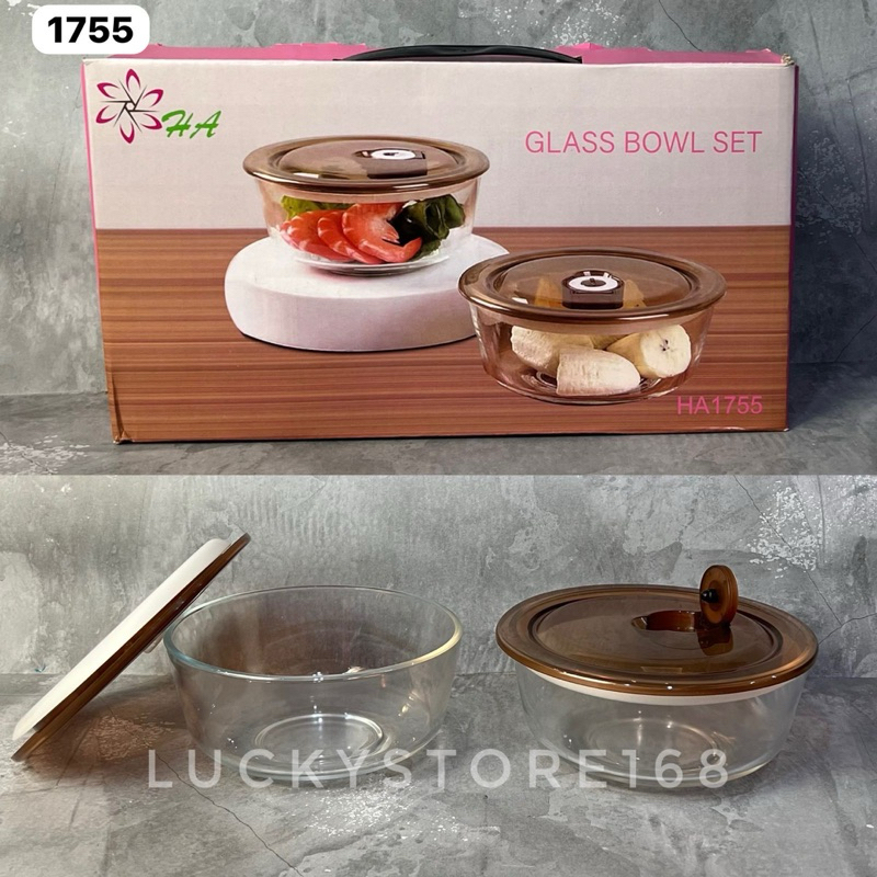 2Set Mangkok Kaca Bowl Glass Kimglass Kaca Kotak Makan Siang Tertutup Penutup