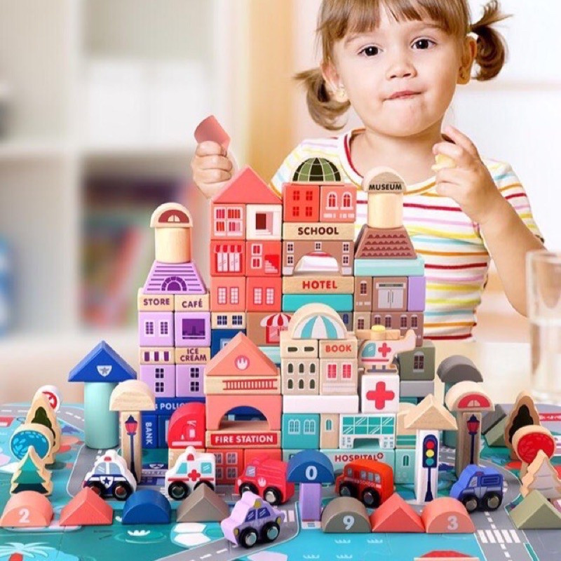 MAGIC COLOR CITY BUILDING BLOCKS URBAN PASTEL block kayu mainan anak balok 115PCS mainan kreativitas