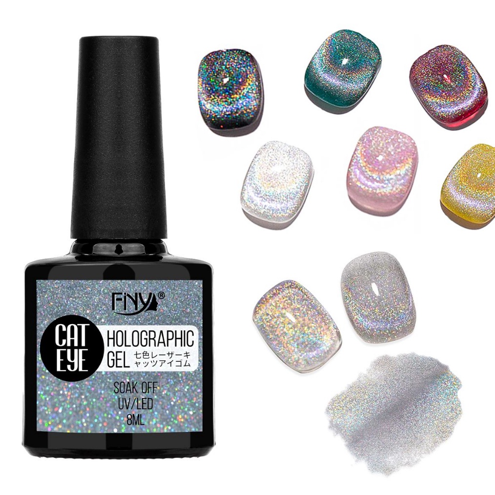 FINY HOLOGRAM GEL CAT EYE GEL POLISH RAINBOW  FNY KUTEK GEL PELANGI SILVER CAT EYE KODE G8L4