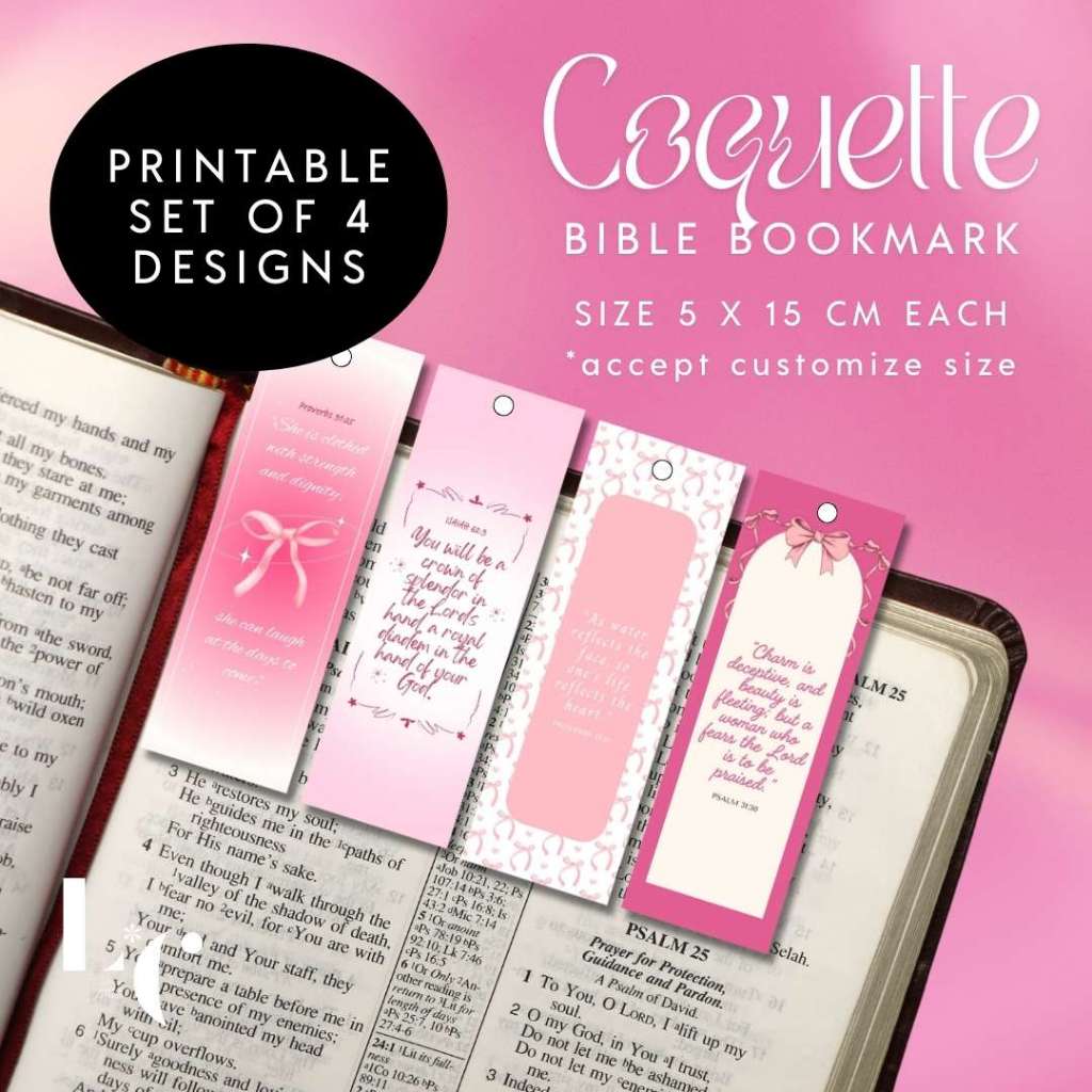

PRINTABLE BIBLE BOOKMARK - Coquette Theme (set of 4) (size 5x15cm) Download Digital Pembatas Alkitab Tema Coquette Girly Ayat Alkitab Bundle Gift