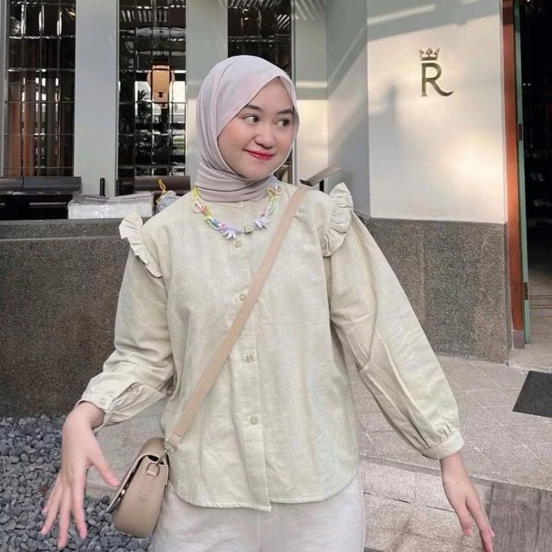 Yurim ruffle kemeja basic linen lengan panjang terlaris masa kini
