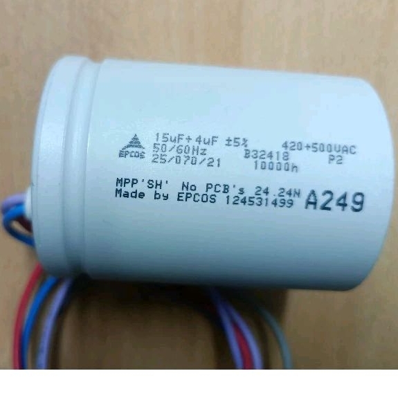 Kapasitor Mesin Cuci Sharp 2 Tabung 14 kg Original, 15 uf + 4 uf Epcos A249,
