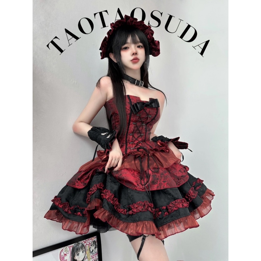 Japanese Gothic Lolita Skirt 3 Piece Set Women Harajuku Y2k Punk Lace Ruffles Cake Mini Skirt Suit F